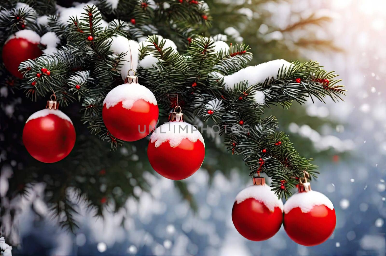 Christmas decorations on the pine branch.