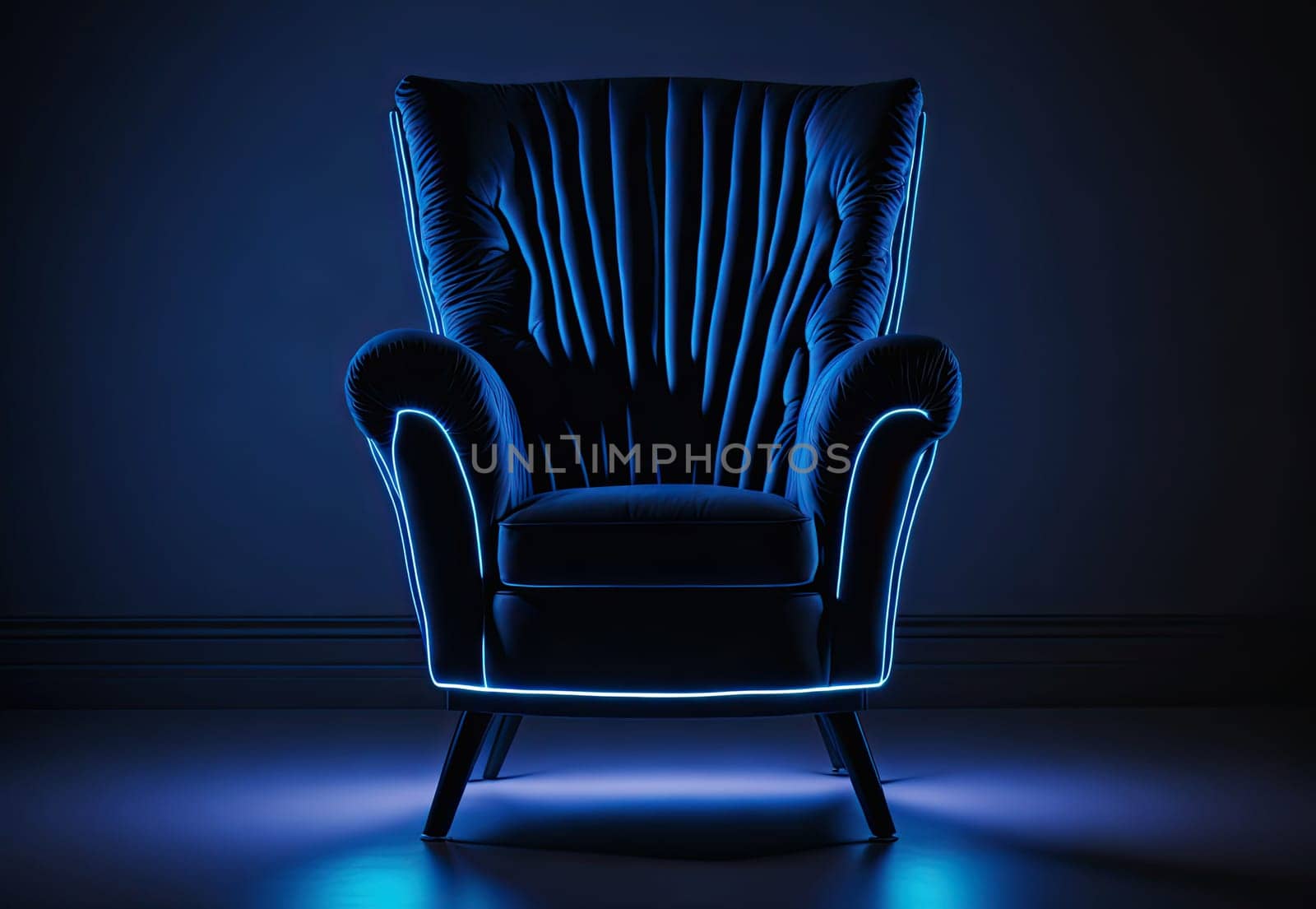 Armchair in neon colored light. Modern elegant furniture