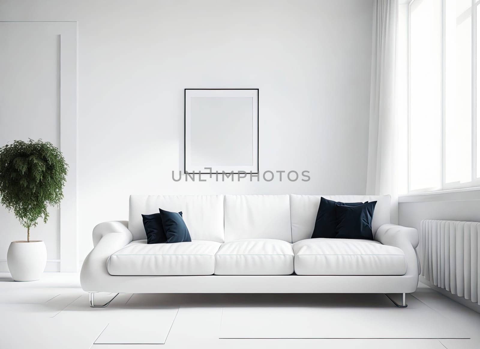 Stylish living room interior with comfortable sofa.  home decor. Bright interior. Generative AI