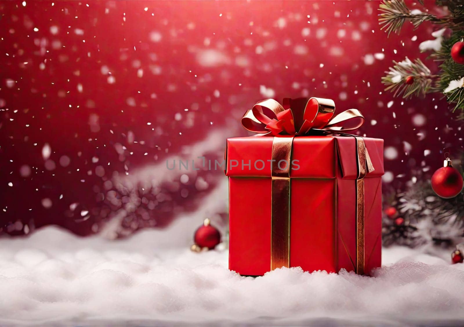 Red Christmas gift box in snow.  holiday concept