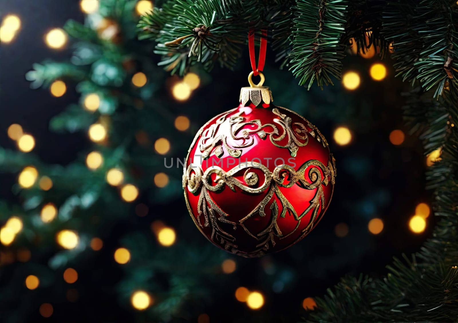 Christmas background - ball and branch of tree on blurred background