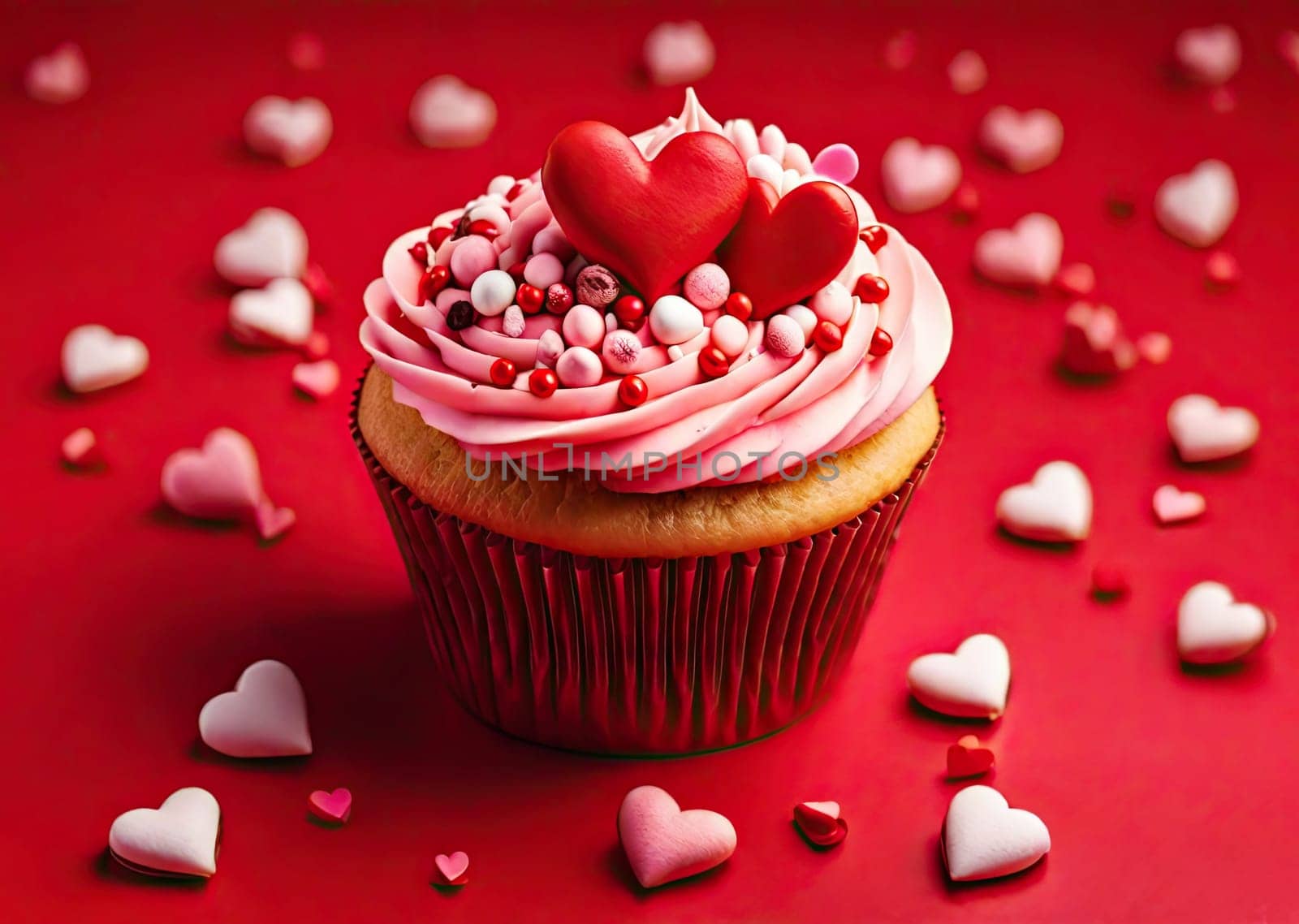 cupcakes with cream on background. Saint Valentine's day or birthday dessert. Beautiful festive food for wedding