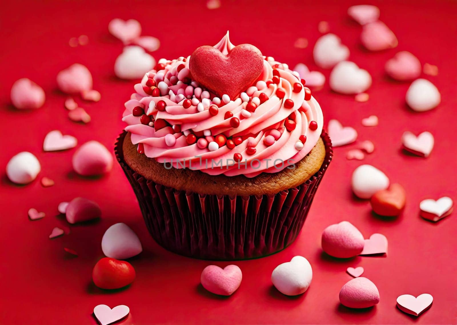 Valentine cupcake  with sweet hearts on red background