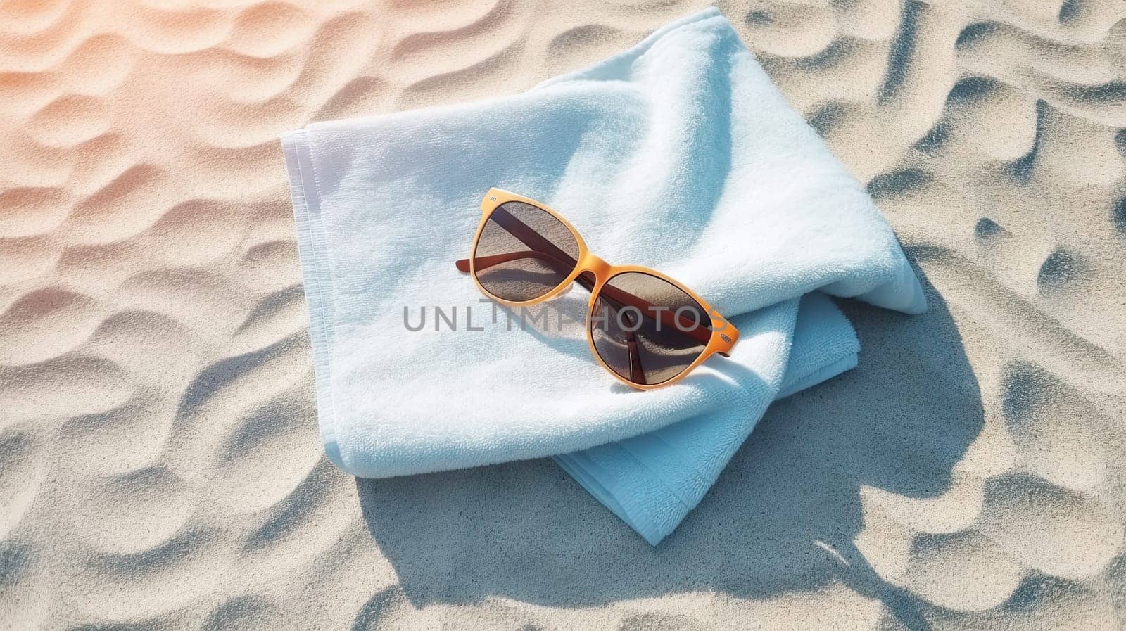 Beach towel with sunglasses on summer beach. travel and vacation concept. Generative AI