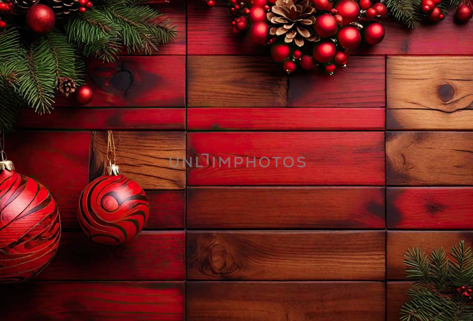 Christmas background with fir tree and decoration on dark wooden board