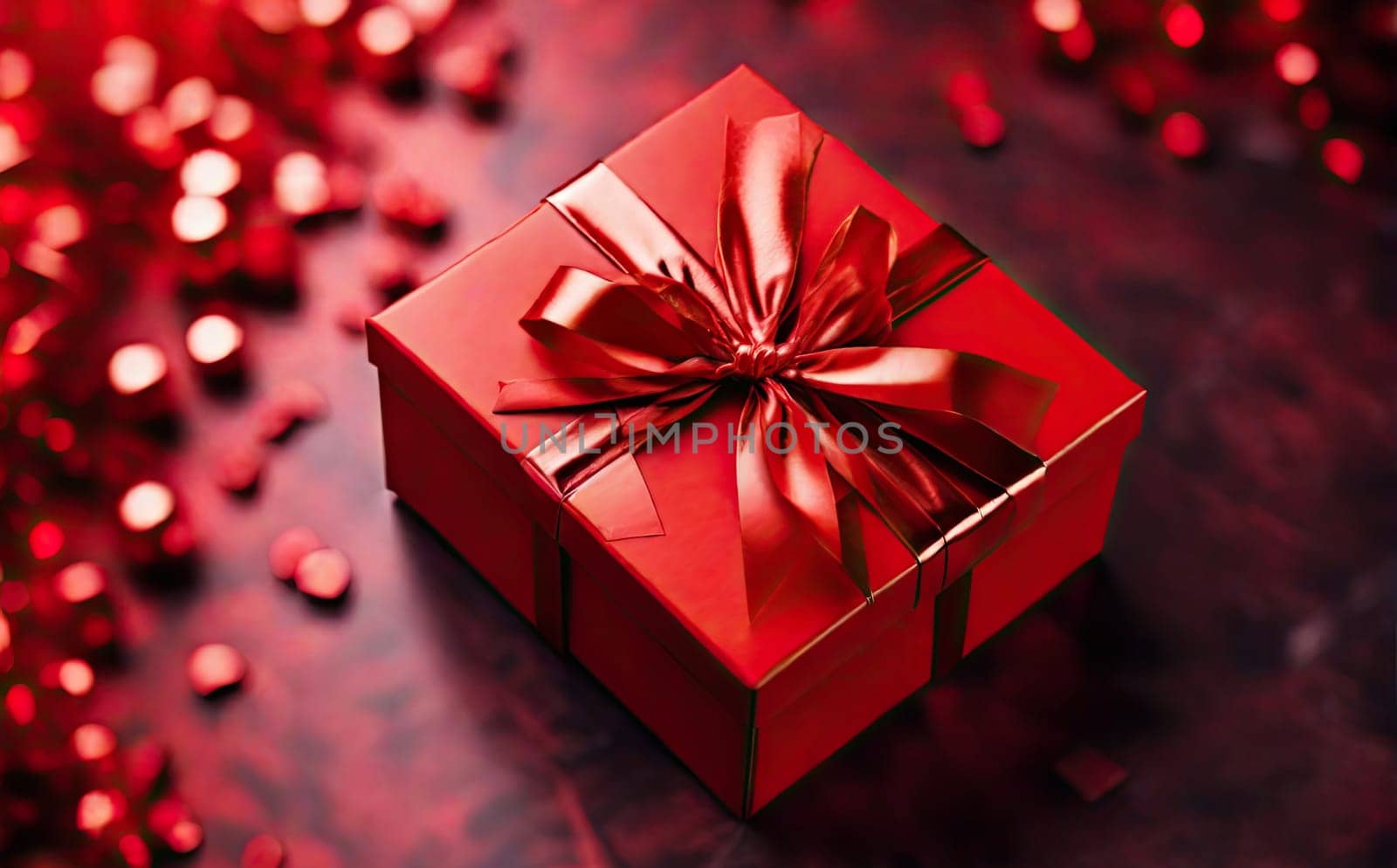 Top view of red gift box decorated red ribbon. christmas present