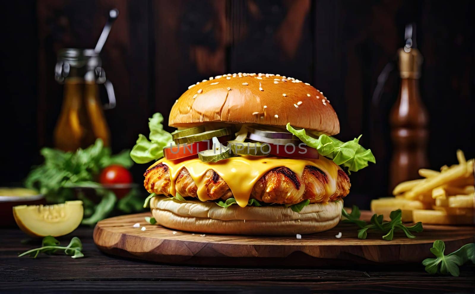 big juicy burger on the bar table