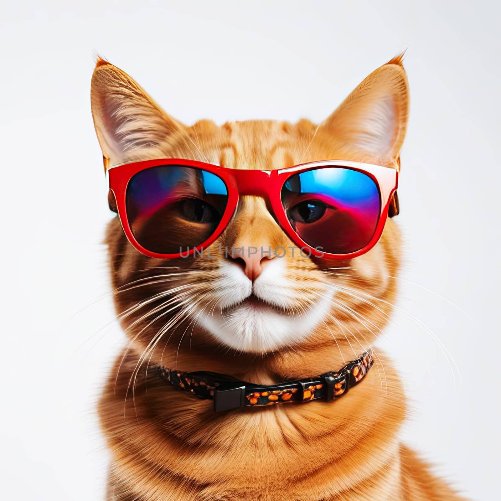 Close up portrait of funny red cat wearing sunglasses 