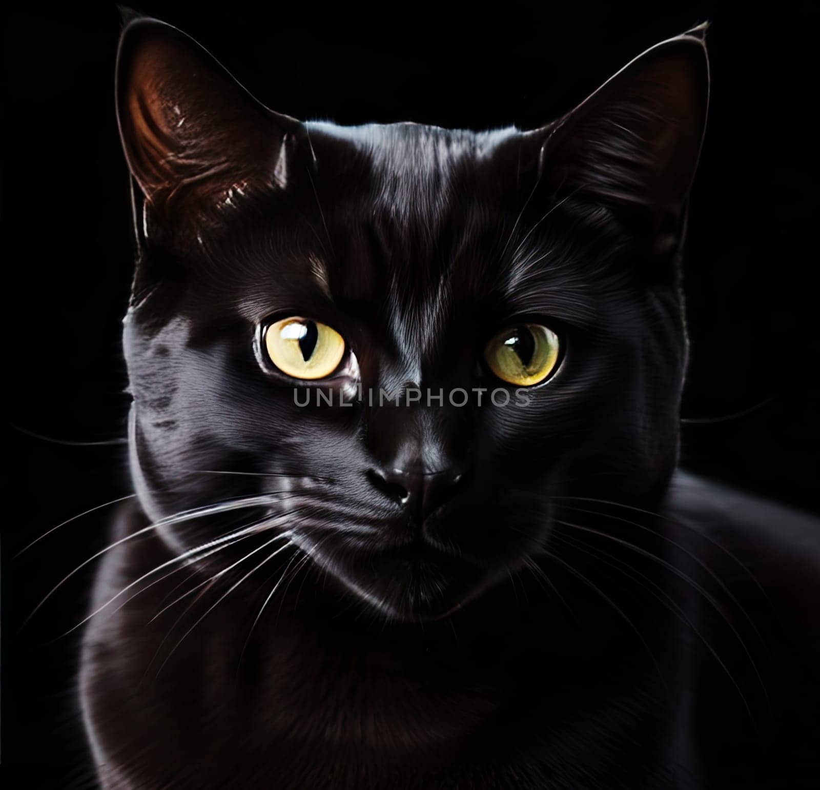 cute black cat with eyes on black background, close-up.