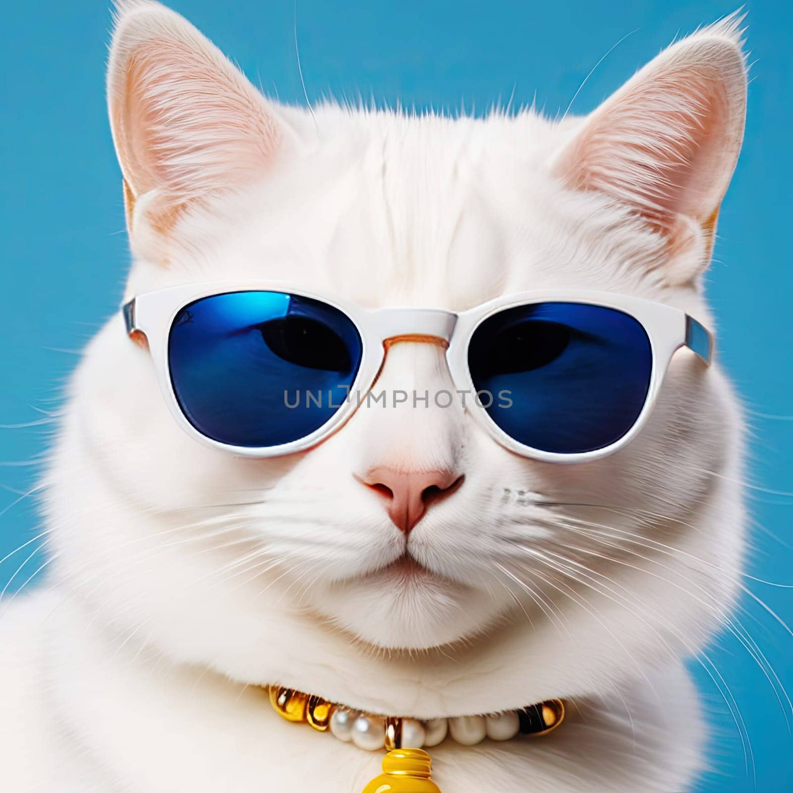 Close up white cat wearing sunglasses, by Ladouski