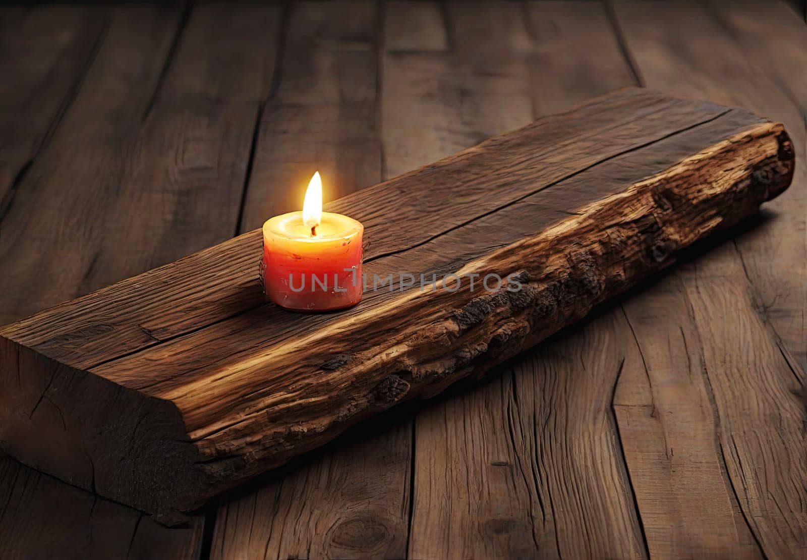 Burning candle on aged wooden table background with copy space.