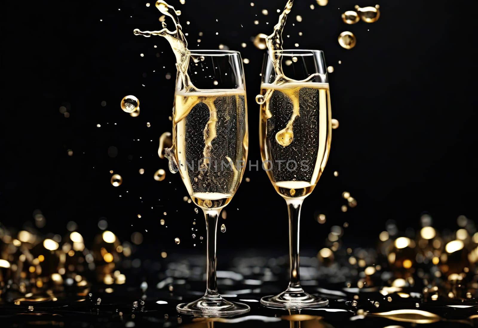 Two glasses of champagne with splash over black background. Celebration concept