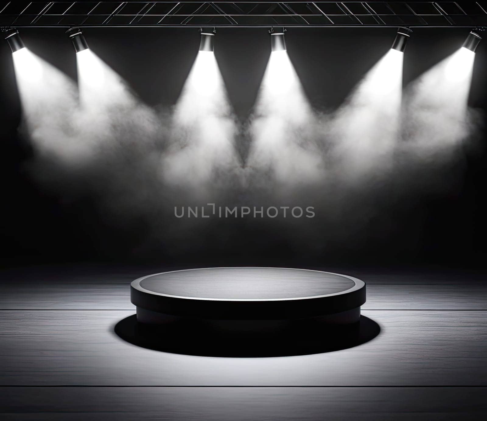 Empty Circular podium Illuminated by Spotlights in a Dark
