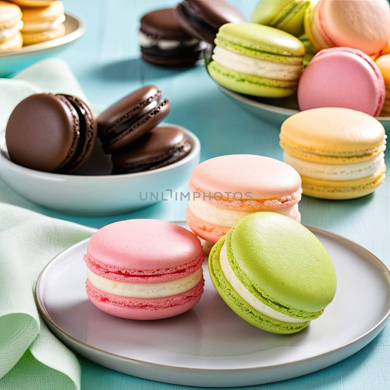 Assorted Colorful Macarons on plate. Tasty dessert