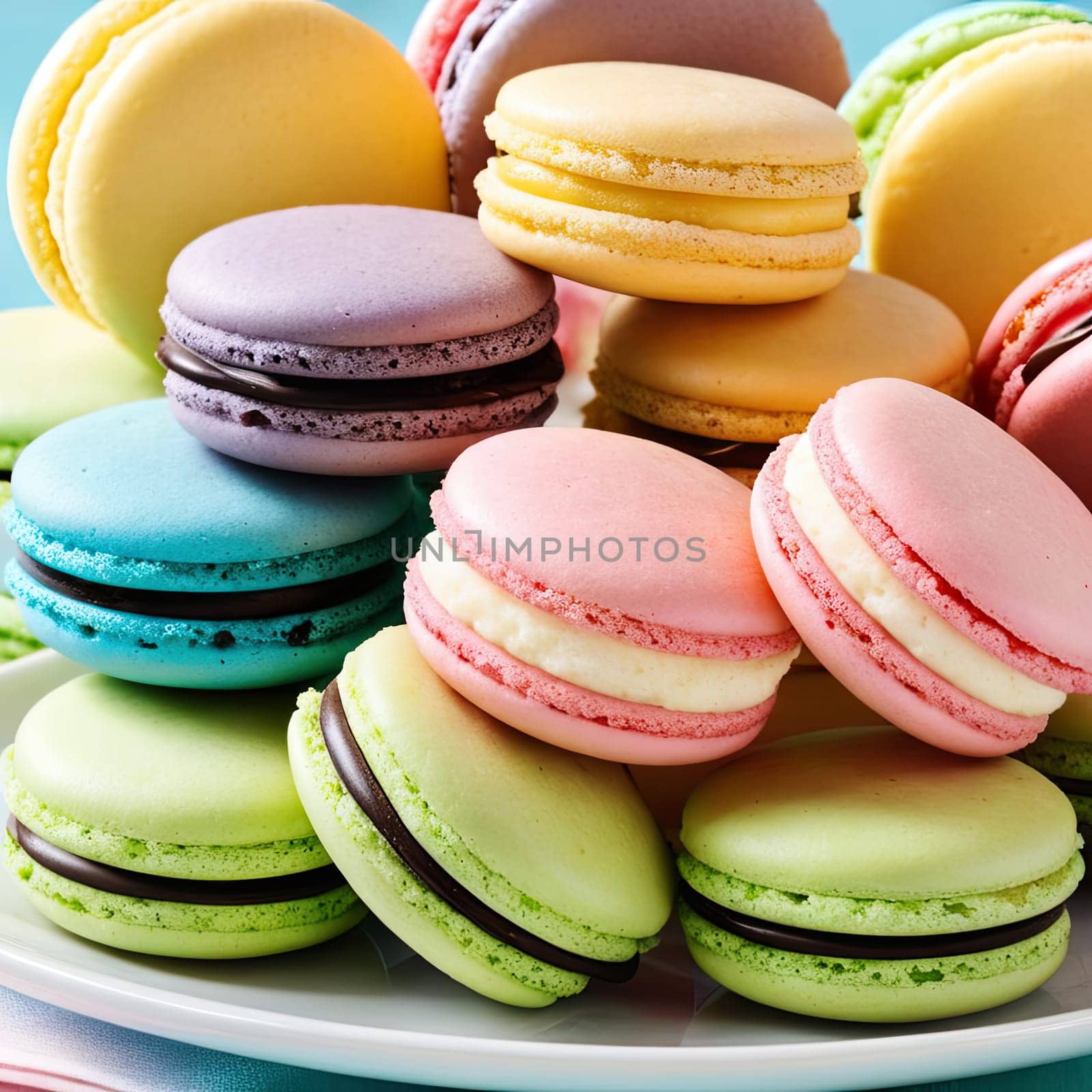  Multi colored macarons on a plate of flavors and fillings.