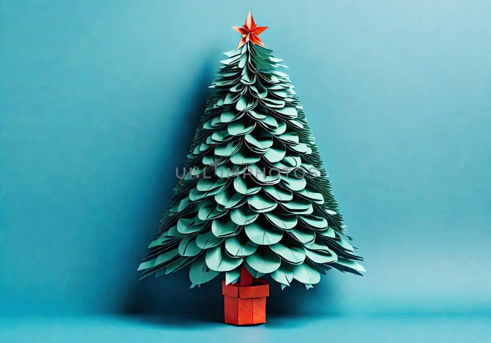 Christmas tree with star made of paper on background