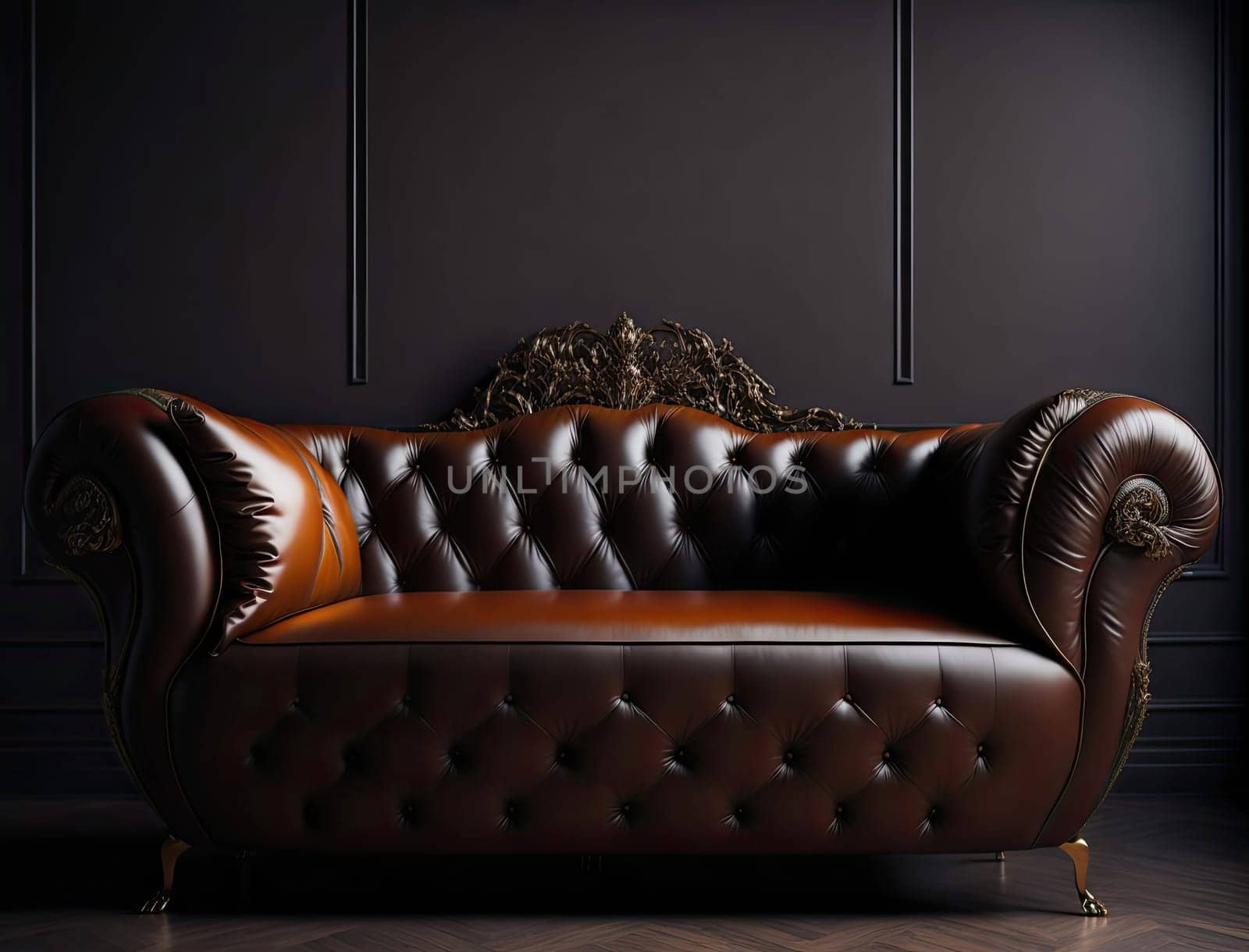 leather sofa in classic apartment. Loft furniture. Big luxury couch on dark room