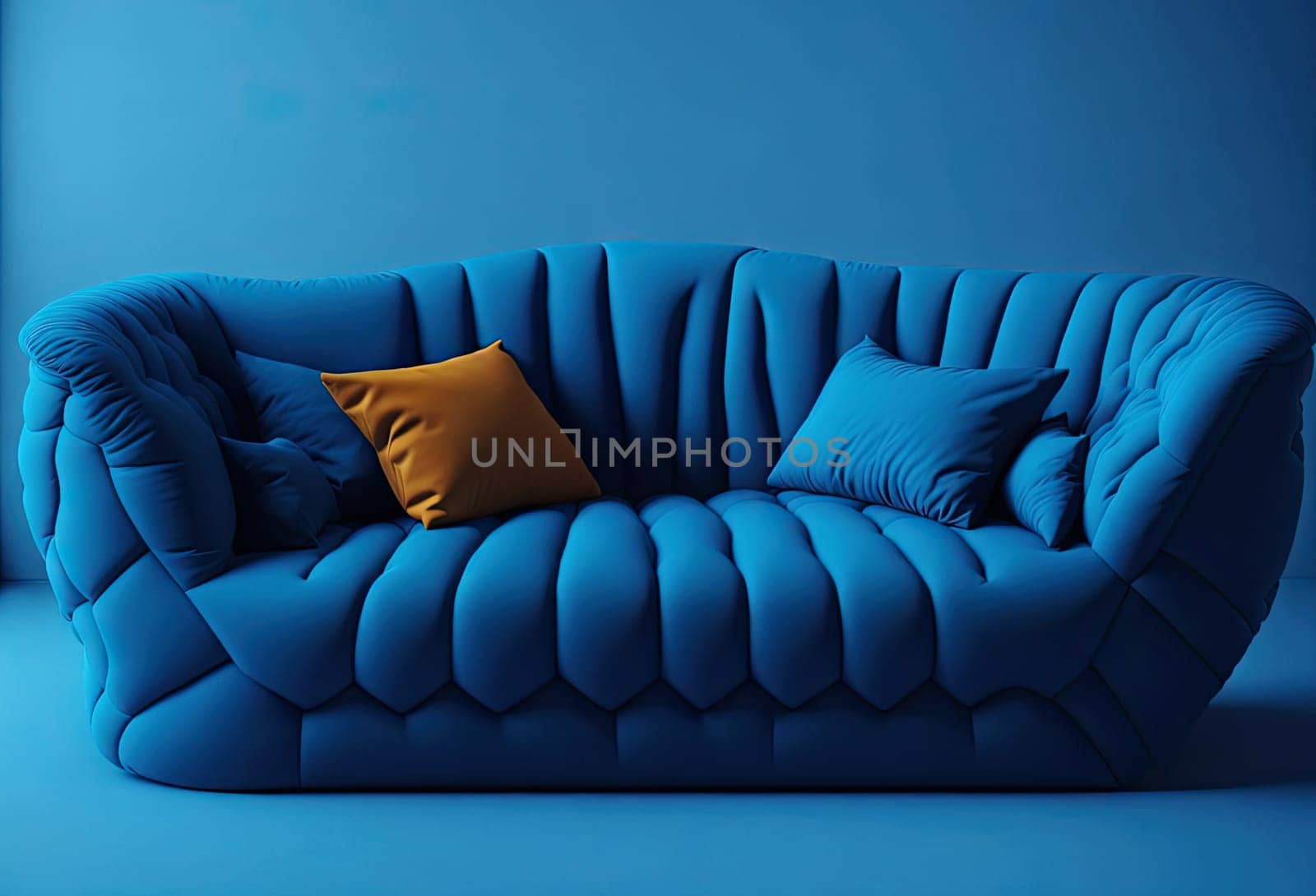 Blue fabric sofa with pillows on blue background. luxury furniture