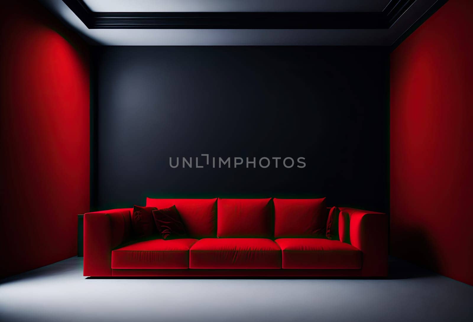 comfortable red sofa in dark apartment. no people