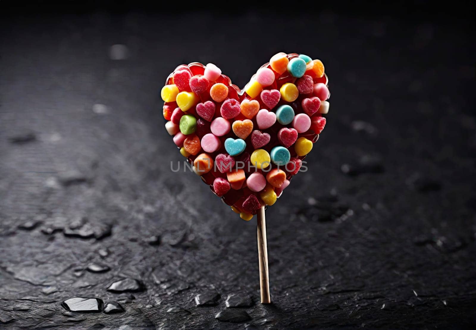 lollipop on a stick in the form of a heart on dark background. The concept of love and sweets.