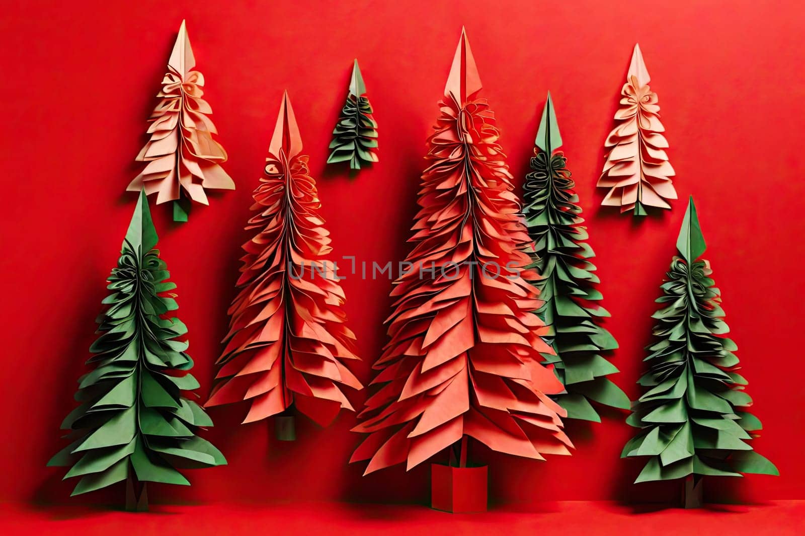 Christmas trees made of handmade paper. Creative Chirstmas background