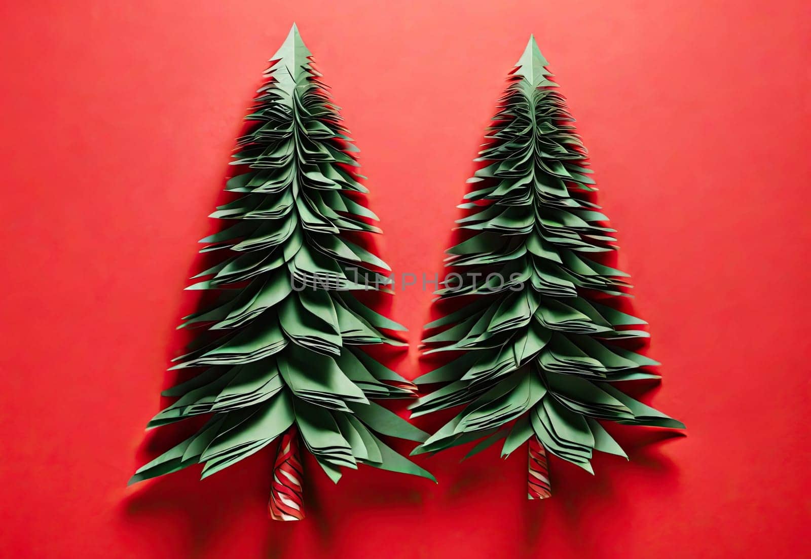 Christmas trees made of paper on red background