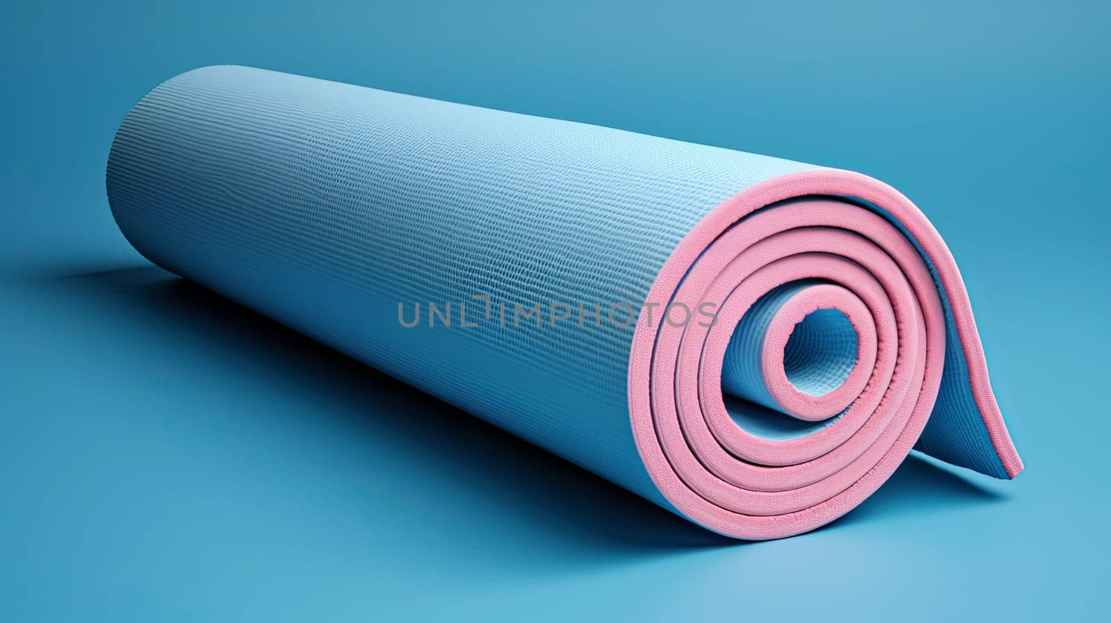 Rolled blue yoga mat on background. Fitness and exercise concept. Active lifestyle. Workout at home or gym banner. Generative AI
