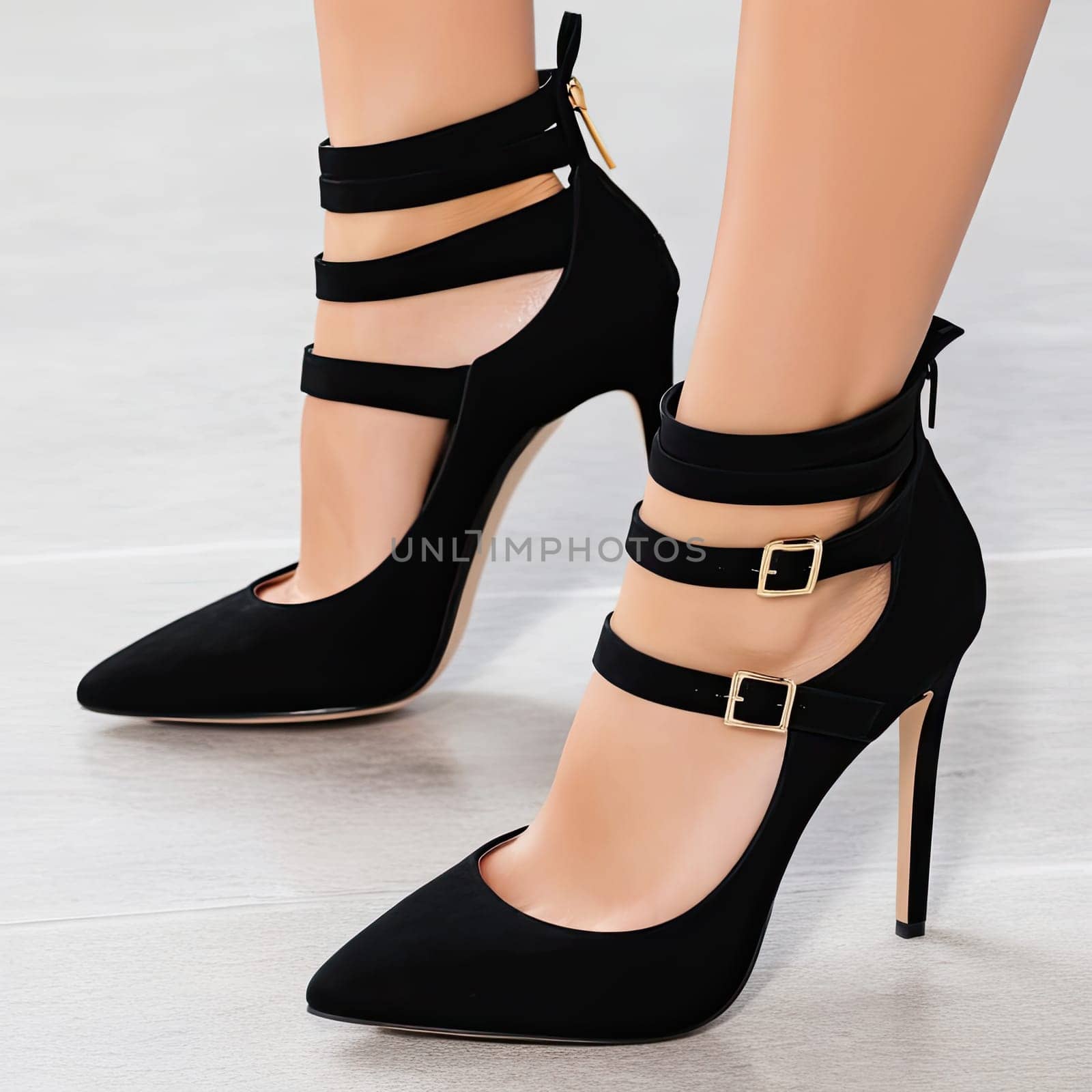 Fashionable woman in a black high heels sandals. Lady shoes