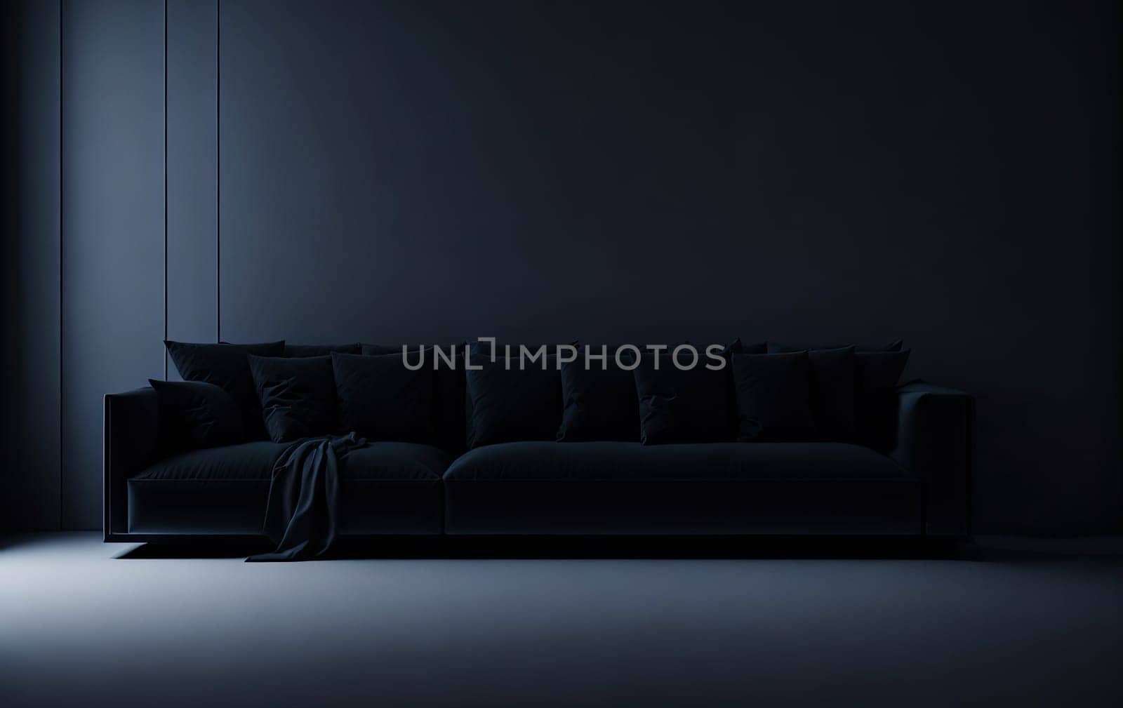 fashionable luxury sofa in empty dark room. Elegant furniture