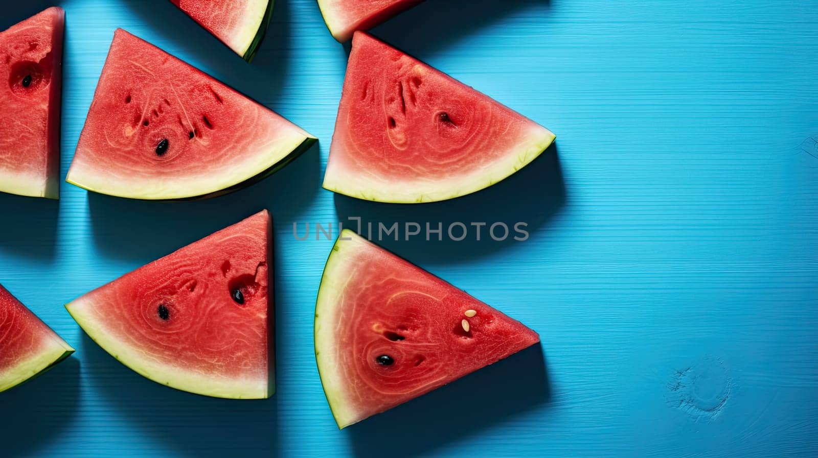 Slices of watermelon on blue wooden background. tropical concept. Generative AI
