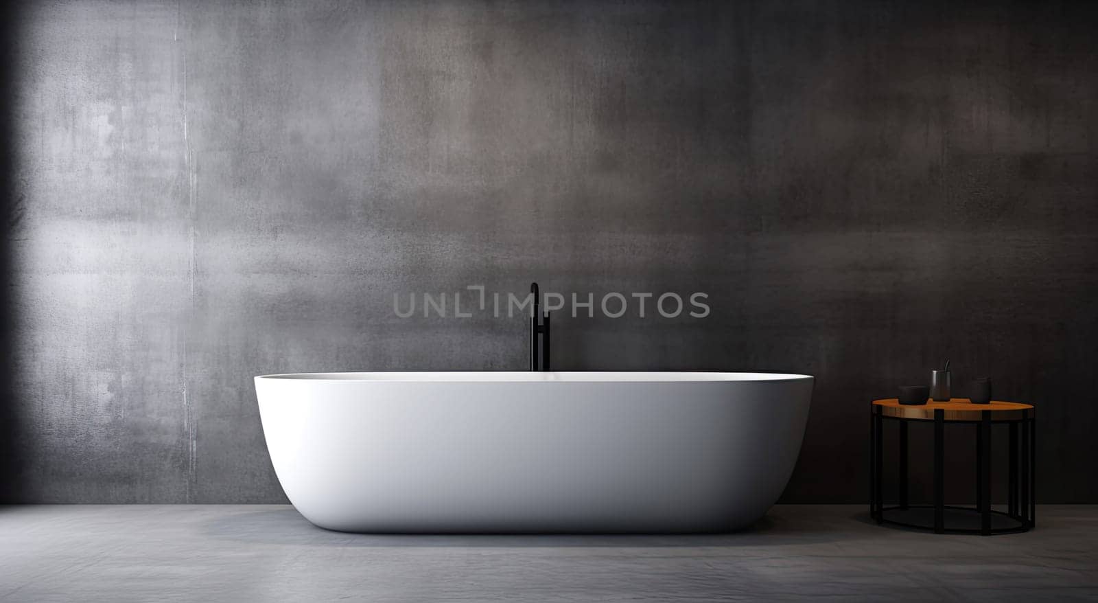 Modern ceramic bathtub on gray wall background. Generative AI