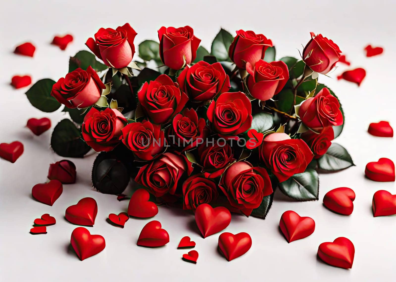 Red roses and heart shape ornaments on background. Valentine's Day. 