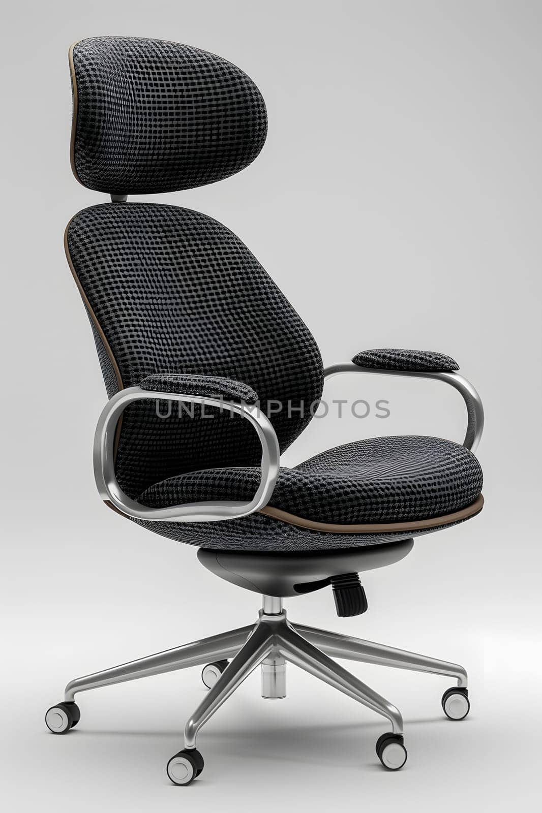 Black office chair with wheels, headrest, and armrest on a white background by Nadtochiy