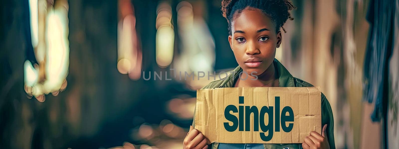 Young woman holding single sign, copy space by Edophoto