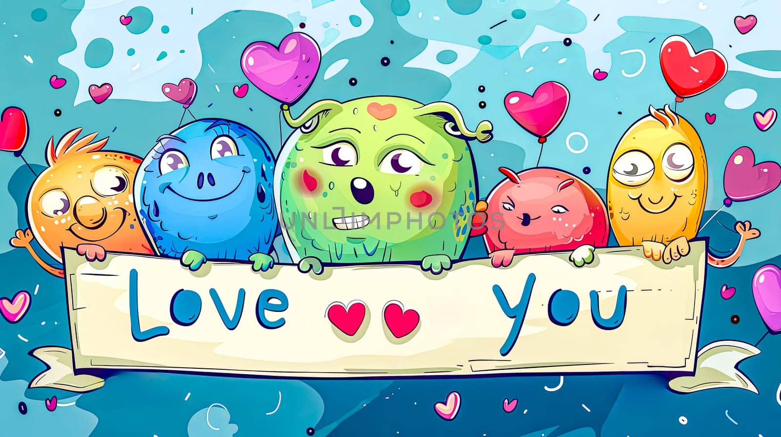 Whimsical cartoon monsters holding a 'love you' sign, surrounded by hearts