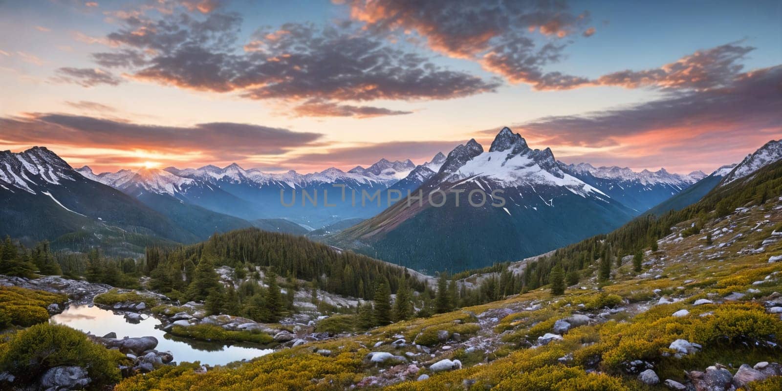 Serene Mountain Vista. Capture a breathtaking sunrise over snow-capped mountains. Panorama