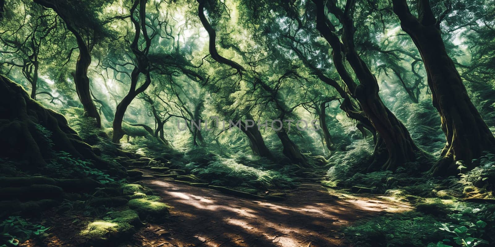 A mysterious forest emerges. Sun rays piercing through the dense canopy, revealing a mystical realm. Shadows dance, whispers echo, enticing exploration. Generative AI.