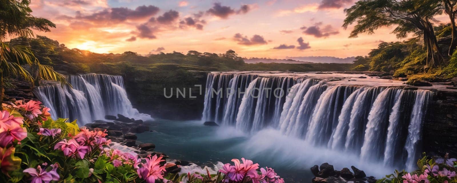 Fantasy landscape with waterfall at sunset, panorama.