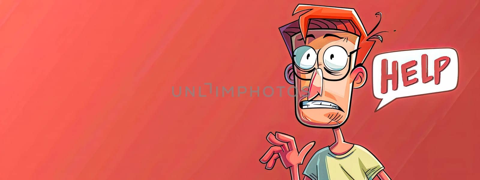 Animated male character with a worried expression and a 'help' speech bubble on a red background