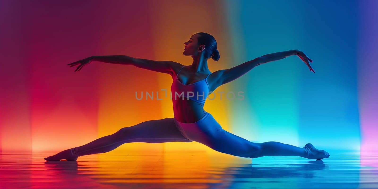 young beautiful female sporty dancer in black tights performing modern style ballet making acrobatic elements female ballet dancer in art performance in front of background by Andelov13