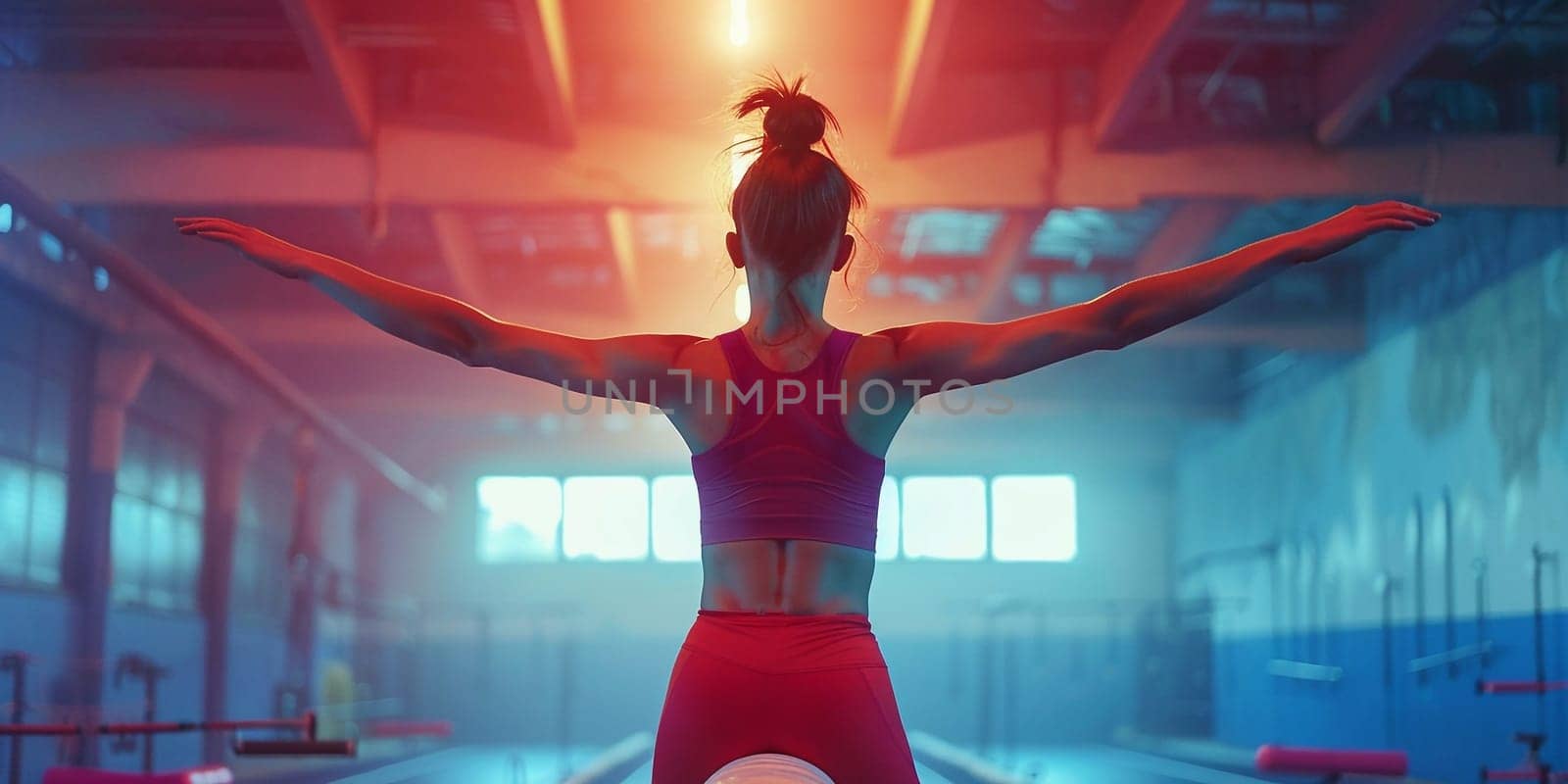 The beautiful little girl is engaged in sports gymnastics at gym. The performance, sport, acrobat, acrobatic, exercise, training concept by Andelov13