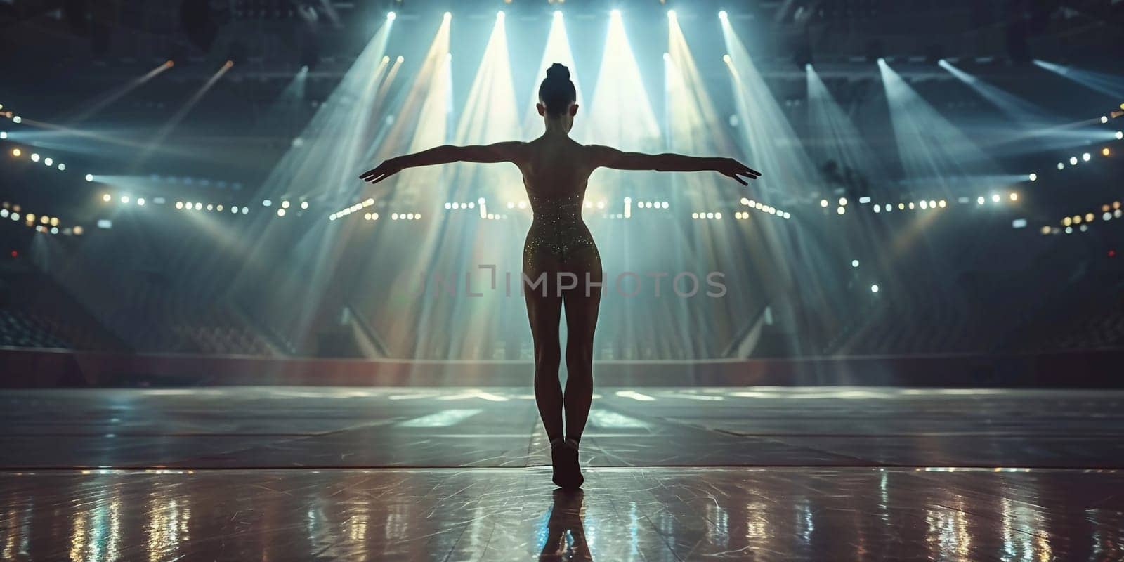 Theatrical performance. Beautiful, tender, graceful ballerina dancing against dark blue background with spotlight. Concept of art, classical ballet, creativity, choreography, beauty, ad by Andelov13
