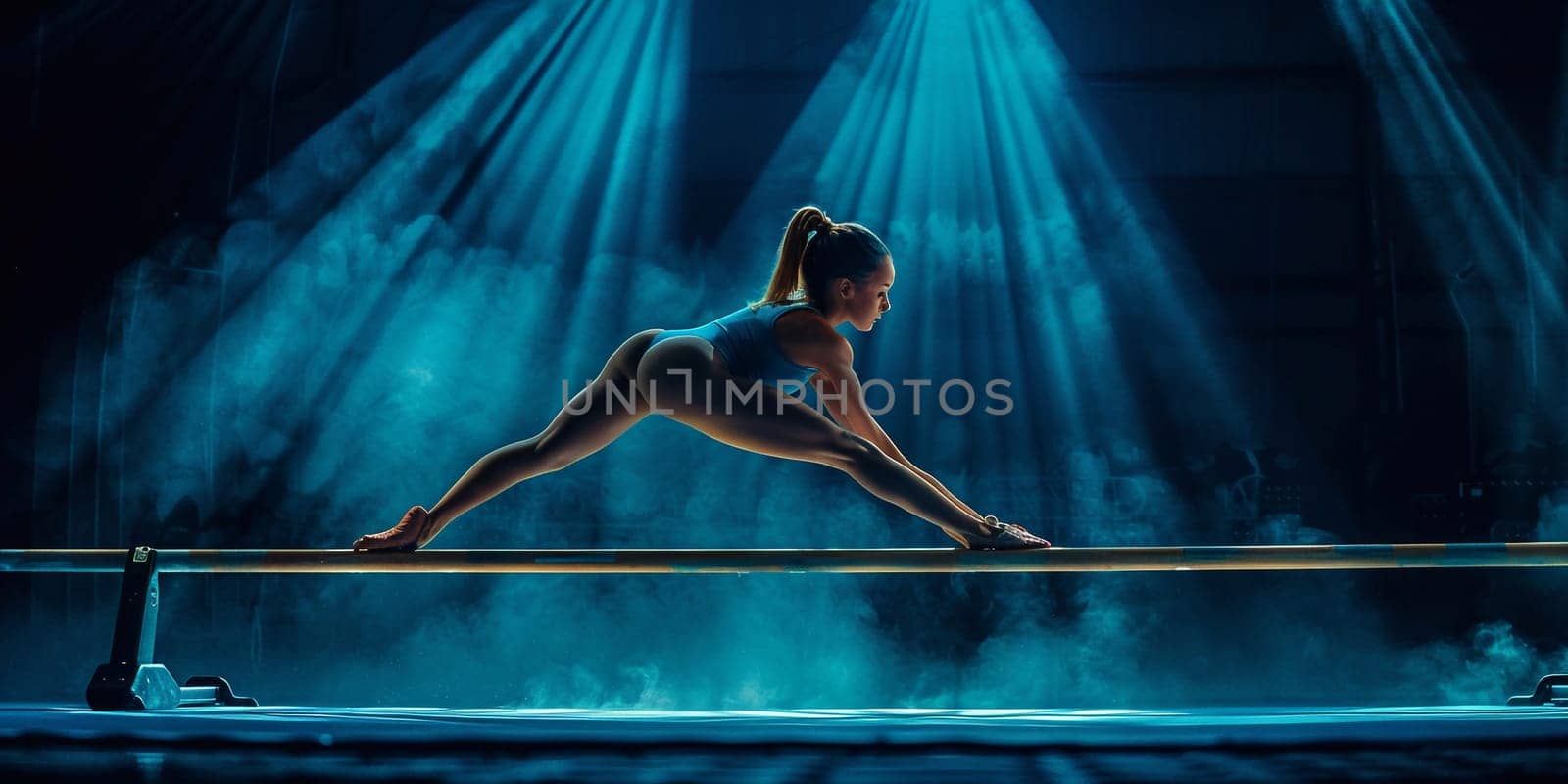The beautiful little girl is engaged in sports gymnastics at gym. The performance, sport, acrobat, acrobatic, exercise, training concept. High quality photo