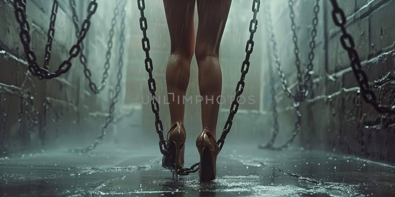 Female bodybuilder lifting chain in gym, fitness girl posing in chains. High quality photo