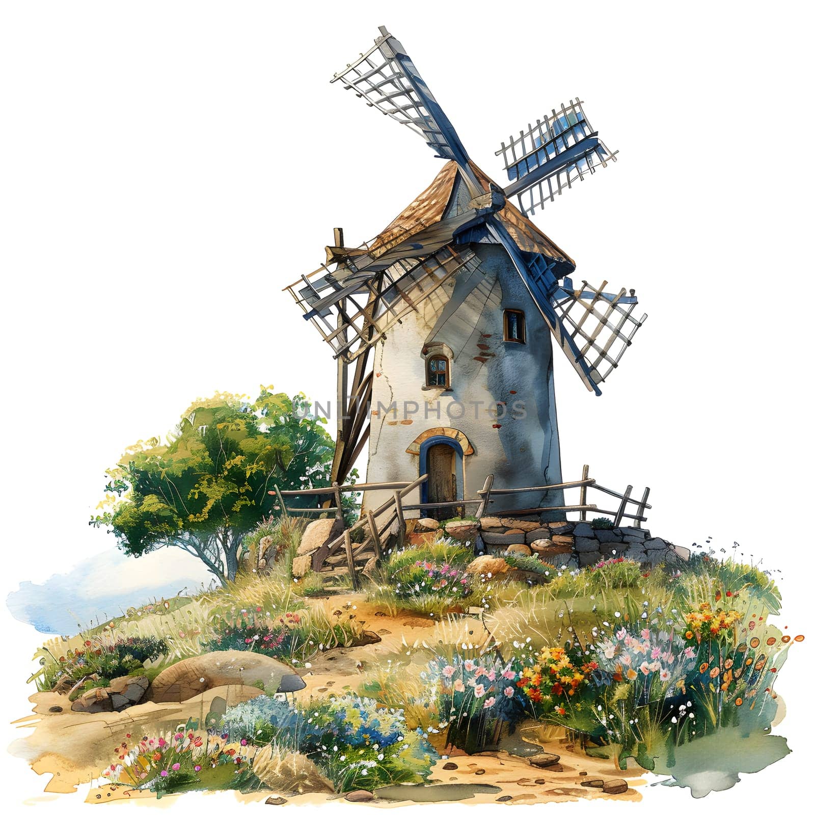 a painting of a windmill on top of a hill by Nadtochiy