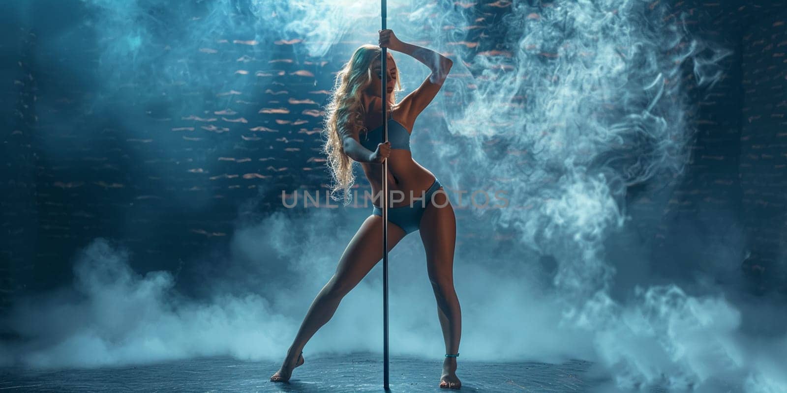 Young slim pole dance woman in dance studio. High quality photo