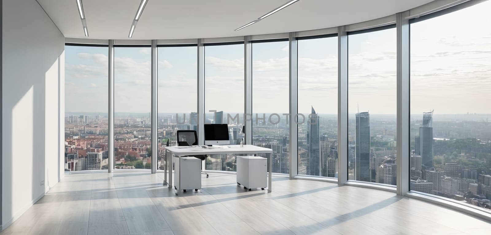 Empty office, high-rise building, city skyline view