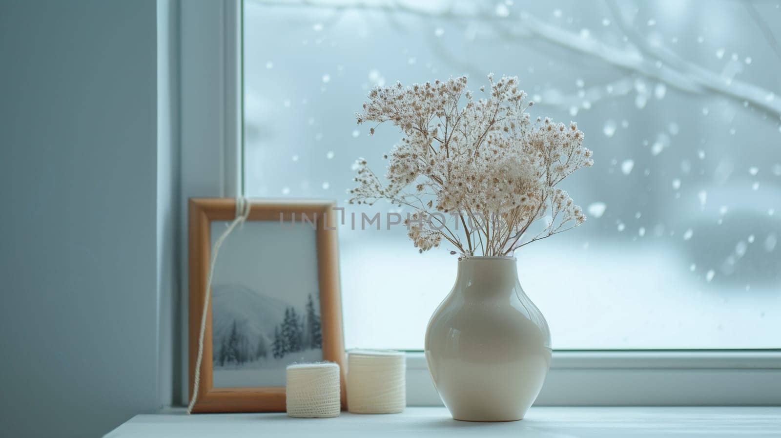 White stylish empty room with winter landscape in window. Scandinavian interior design. 3D illustration. High quality photo