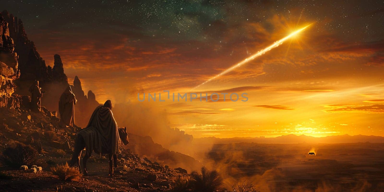 Nativity Of Jesus - Scene With The Holy Family With Comet At Sunrise . High quality photo