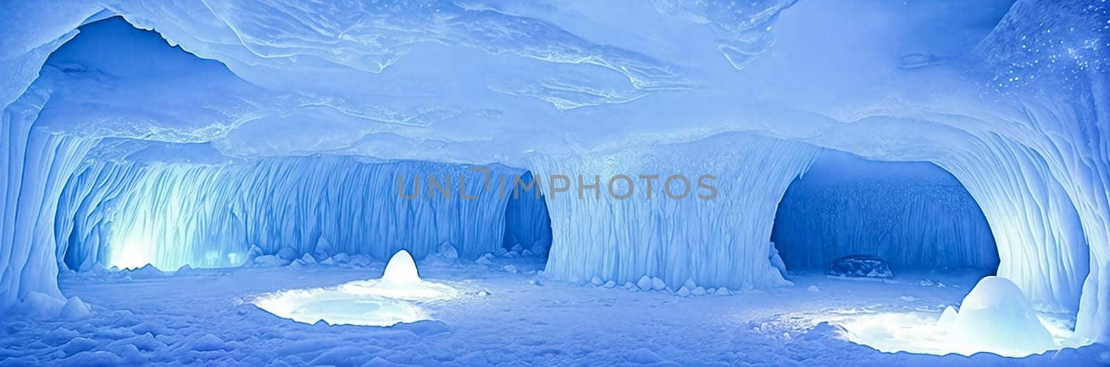 Ethereal ice cave illuminated by the soft glow of bioluminescent crystals, casting an eerie blue light. Generative AI